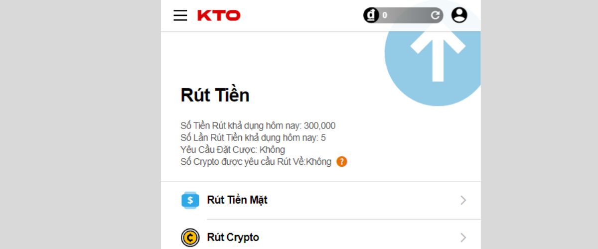 Hệ thống yêu cầu người chơi cập nhật thông tin tài khoản ngân hàng trước khi rút tiền KTO