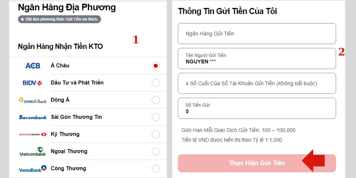 Điền thông tin giao dịch nạp tiền KTO qua ngân hàng địa phương