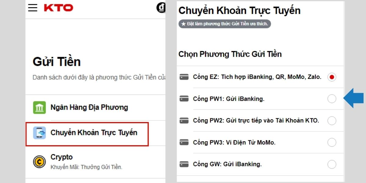 Chọn hình thức chuyển khoản trực tuyến để nạp tiền KTO
