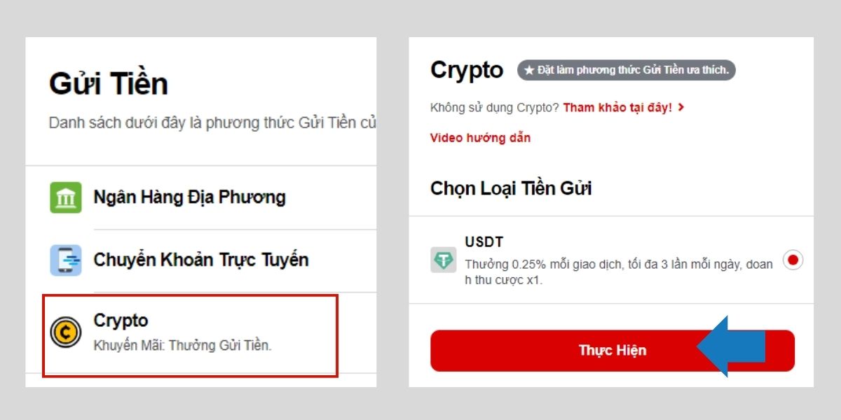 Chọn hình thức nạp tiền KTO bằng Crypto