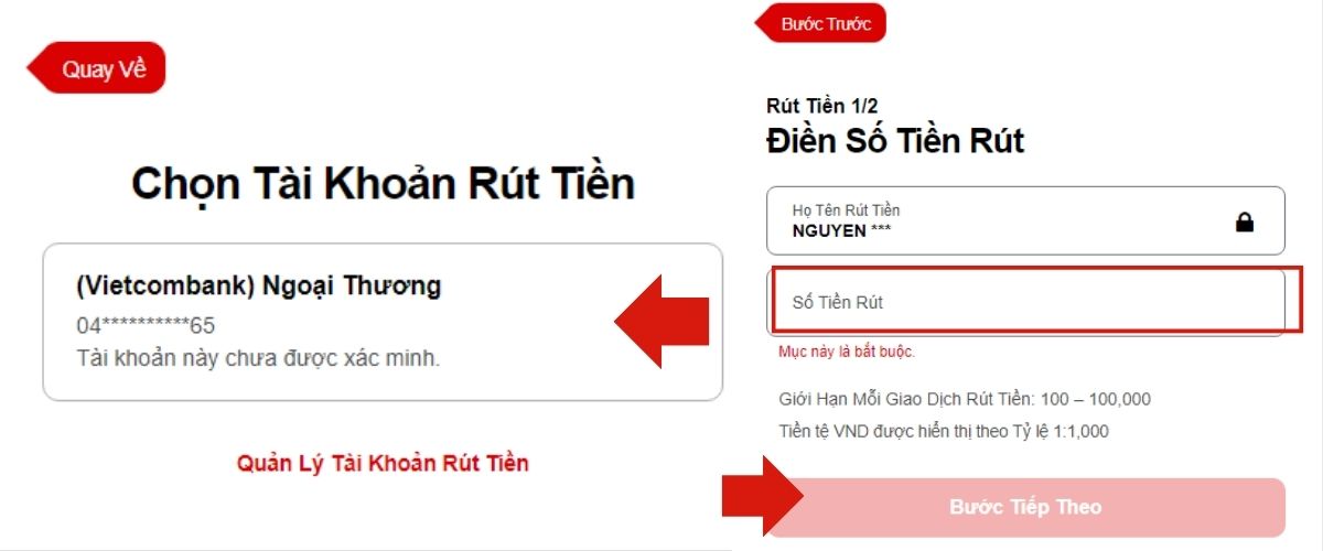 Thực hiện các thao tác tạo lệnh rút tiền KTO